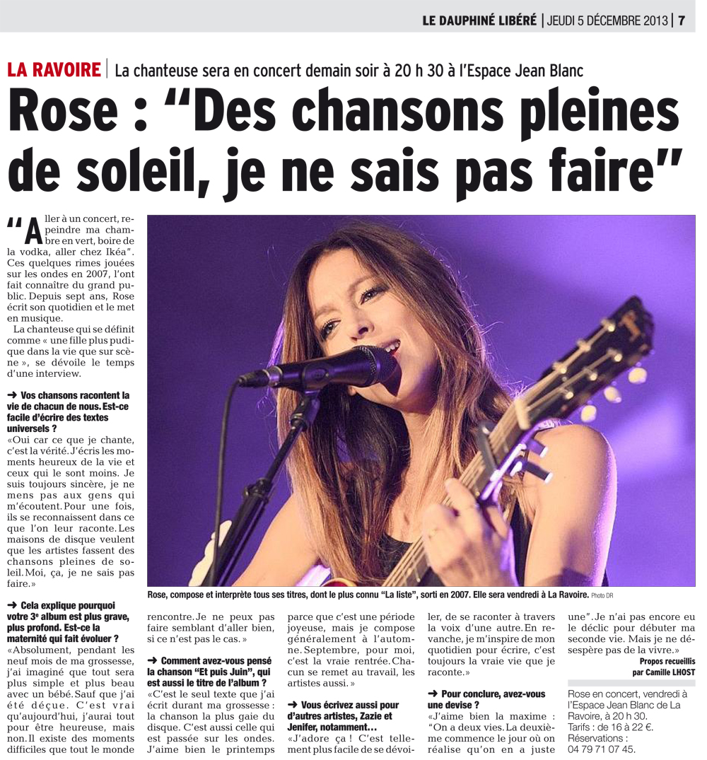 Interview : Des chansons pleines de soleil, je ne sais pas faire (Le Dauphine Libere)